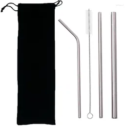 Drinking Straws 100set 3pcs Stainless Steel 21.5cm Straight Bent Reusable Cleaning 200MMx10MM Brush With Black Straw Bag Pouch