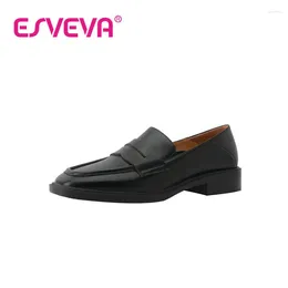 Casual Shoes ESVEVA 2024 Elegan Loafers Med Heel Cow Leather Kid Suede Women Spring Vintage Style Slip On Office Round Toe Woman 34-40