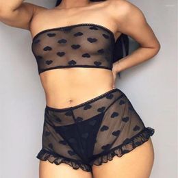 Home Clothing Sexy Pyjama Set Women Sleepwear Lace Lingerie Heart Pattern See Through Mesh Crop Tops And Panty Pijamas Lounge