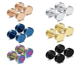 Punk Double Sided Round Titanium Steel Earrings Men Women Blue Goldcolor Fake Ear Plugs Gothic Barbell Stud Earring8391546