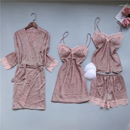 Women's Sleepwear Leopard Printed Satin Silk Women Fashion Spring Nightwear Female Robe Sleep Lounge 4/2/1 Pcs Pyjamas Set Homewear