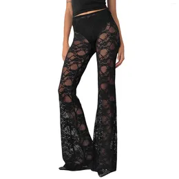 Women's Pants Summer High Waist Lace Crochet See-Through Gothic Flare Fashion Bell-Bottoms Casual Black Straight Trousers