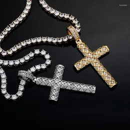 Pendant Necklaces Hip Hop Micro Paved Cubic Zirconia Bling Out Grid Cross Pendants Necklace For Men Rapper Jewelry Drop