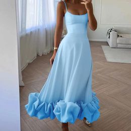 Casual Dresses Women Spaghetti Straps Prom Dress Fashion Ruffles Hem Sleeveless Maxi Female Elegant Party Evening A-Line Gowns Robe