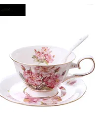 Cups Saucers European Ceramic Cup Saucer Set Afternoon Flower Tea 210ml White Porcelain Coffee With Spoon Cafe Drinkware