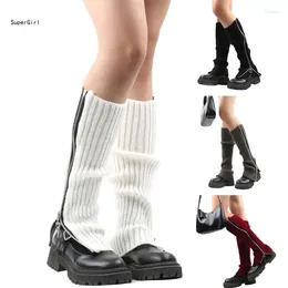 Women Socks Gothic Punk Ribbed Knitted Harajuku Side Zipper Up Solid Color Boot Student Knee High Foot Cover J78E