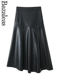 Skirts 2024 Bazaleas Store Y2K Black Faux PU Leather Midi Skirt Official Asymmetric Women Vintage A-line