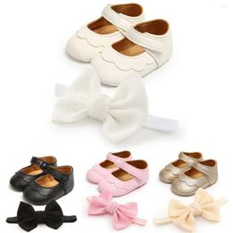 First Walkers PU Leather Baby Girls Shoes With Bowknot Hair Band Cute Moccasins Soft Sole Flat Toddler Princess Footwear
