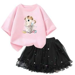 Clothing Sets 2-piece Tutu girl set cute cat printed on cup T-shirt and sheer skirt set princess girl birthday party costumeL2405