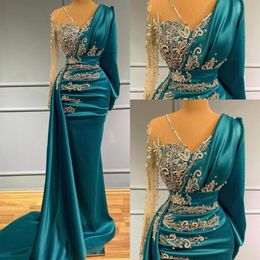Modest Long Sleeves Satin Mermaid Evening Dresses 2022 Hunter Sheer V Neck Ruched Formal Occasion Wear Gold Appliques Beads Arabic Robe 2764