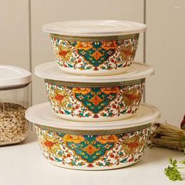 Bowls Enamel Basin With Lid Kitchen Utensil Vegetable Washing Soup Bowl Retro Pattern Large Capacity Home Storage Container