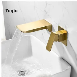 Bathroom Sink Faucets Brush Gold Wall Mounted Basin Faucet Single Handle Mixer Tap Cold Square Waterfall Brass