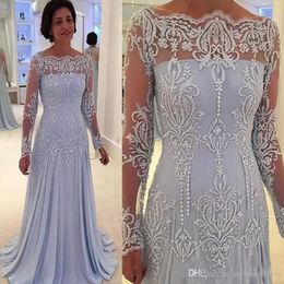 Elegant Scoop A-Line Chiffon Mothers Dresses Pearls Beads Lace Appliques Illusion Long Sleeves Mother of the Bride Dresses Evening Gown 294U