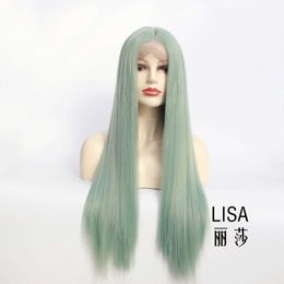 Fashionable white green split long straight hair synthetic fiber front lace headband half hand hook half mechanism synthetic fiber wig