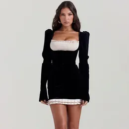 Casual Dresses Elegant Long Sleeve Backless Sexy Mini Dress Women Autumn Winter Patchwork Square Collar Bodycon Club Party
