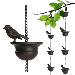 Decorative Figurines 2.4m Creative Birds On Cups Metal Rain Chain Catcher Attached Hanger Wind Chimes Bells For Gutter Roof Decor Downspout