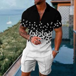 Men's Tracksuits Hawaii Polo 2Pcs Sets 3D Print Vintage shirt 2pcs Set Zipper polo shirt+Shorts Holiday Style Fashion Man Clothing Q2405010