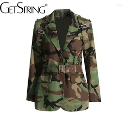 Women's Suits Women Blazer 2024 Autumn Camouflage Single Breasted Long Sleeve Ladies Coat Belt Suit Jacket
