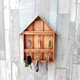 Decorative Plates Wall Rack Wooden Handmade Key Hanger House Shaped With 6Pcs Hooks Decoration And Organiser