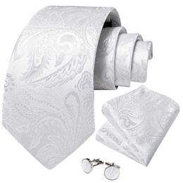 Neck Tie Set Elegant White Paisley Silk Ties for Men Luxury Wedding Party Groom Accessories Necktie Handkerchief Cufflink Cravat Gift