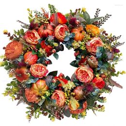 Decorative Flowers Fall Peony And Pumpkin Wreath Round Wreaths For Front Door Artificial Autumn Thanksgiving