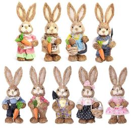 12 inch Artificial Straw Rabbit Ornament Standing Bunny Statue with Carrot for Easter Theme Party Home Garden Decor Supplies 210915585882