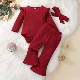 Clothing Sets Cute And Fashionable Pit Stripe Three-layer Flying Sleeve Jumpsuit With Headwear Flared Pants For Baby Girls Set
