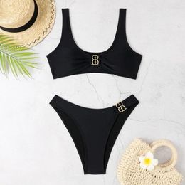 Women's Swimwear U Neck High Waist Bikini Sets Swimsuit For Women Black Sexy Two Pieces Beachwear 2024 Bathing Suit