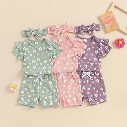 Clothing Sets Infant Baby Girl Clothes Summer Ribbed Knitted Ruffle Short Sleeve Romper Tops Shorts Set Cute Floral Outfis