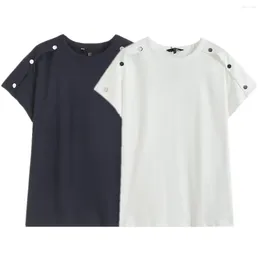 Women's T Shirts Maxdutti On Shoulder Commuter Leisure Navy Blue T-shirt Women Minimalist Fashion Buttons Summer T-shirts Solid Tops