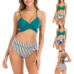 Women's Swimwear Sexy Bikini Two Piece Set Solid Cross Straps Bra Printed High Waist Swimming Briefs 2024 Elastic Swimsuit