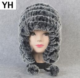 Russian Winter Real Earflap Hat Women Knitted Genuine Skullies Cap DIY Warm Soft Rex Rabbit Fur Beanies Caps Y2010242262410