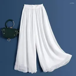 Women's Pants WTEMPO Women Wide-leg Double-layered Flowy Swing Versatile High-rise Trousers Loose Cropped Chiffon