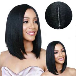 Wig womens medium length Bobo head black short straight hair high temperature silk chemical Fibre hair fashionable temperament wig set