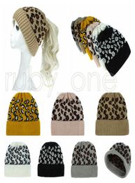 Women Leopard Knitted Ponytail Caps Fashion Criss Cross Ponytail Beanie Winter Warm Wool Casual Knitting Hat Party Hats Supply RRA1220939