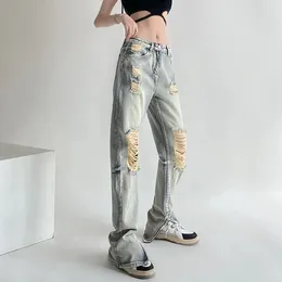 Women's Jeans Y2k American Vintage Ripped Straight Women Hole Washed Wide Leg Denim Pants High Street Cargo Streetwear Hip Hop Fashion