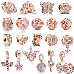 925 Sterling Silber Fit Pandoras Charms Armband Perlen Charme Roségold geplattet Sprudelpfoten Druck