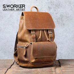 Backpack S.WORKER Vintage Genuine Leather Laptop School Bag Classic Paratroopers Travel Weekender