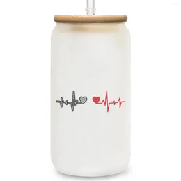 Wine Glasses Simple ECG Sign Of Love. A Grey Heart And Red Heart. 16oz Glass Can With Bamboo Lids Straw For Iced Coffee.