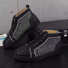 Men Diamond Shoes Rivet High Top Rubber Sole Flats Sneakers Spiked Breathable Casual A