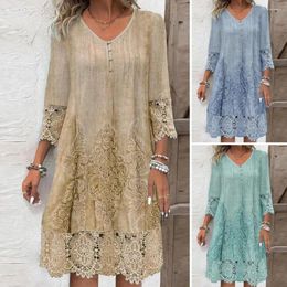 Casual Dresses Hollow Out Lace Fit Dress Elegant Embroidered V Neck Midi For Women Vintage Style Knee Length Summer With Three