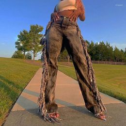 Women's Jeans Y2K Fashion Grey Tie Dye Print Denim Pants Hight Waist Wide Leg Trousers Side Tassel Fringe Long Autumn Winter