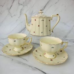 Teaware Sets French Vintage Gold Penh Cream Fragmented Flowers Fresh Afternoon Tea Ceramic Coffee Cup Plate Large Mouth Milk Pot