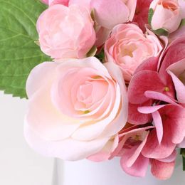 Decorative Flowers Artificial Roses Hydrangea Bouquet Silk Fake Flower Bedroom Decoration Simulation Rose Pink Wedding Floral