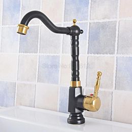 Kitchen Faucets Black & Gold Color Brass Bathroom Basin Sink Faucet Mixer Tap Swivel Spout Single Handle One Hole Deck Mounted Tsf798