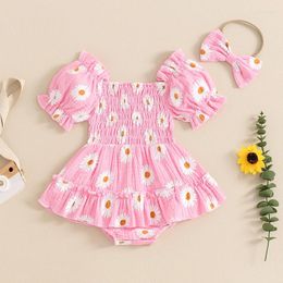 Clothing Sets Baby Girls Summer Outfits Daisy Print Short Sleeve Shirred Romper Dress With Bow Headband 2 Pieces Set For 0-18 Months