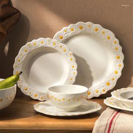 Plates Small Daisy Bowl Creative Dish Relief Plate Literary Home Dining Noodle Soup Rice Ceramic Set Tableware Dishes