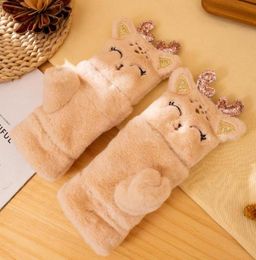 Five Fingers Gloves Cute Animal Cat Bear Fur Mittens Women Winter Ear Flip Plush Fingerless Thick Warm Mitten For Girl 1 Pair4000045