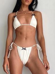 Women's Swimwear Women Y2k Bow 2 Piece Bikini Set Fairy Coquette Aesthetic Halter Tie Side Triangle String Bathing Swimsuit 2024 Summer