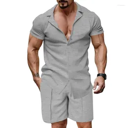 Men's Tracksuits Sports Fitness Breathable Waffle Suits Men Spring Summer Short Sleeve Casual Lapel Shirt And Shorts Two Piece Sets Mens